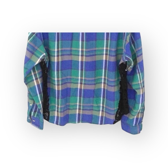 new LF Furst of a Kind  Lace Inset Flannel Shirt  Jacket Shacket  Green Plaid - Picture 8 of 16